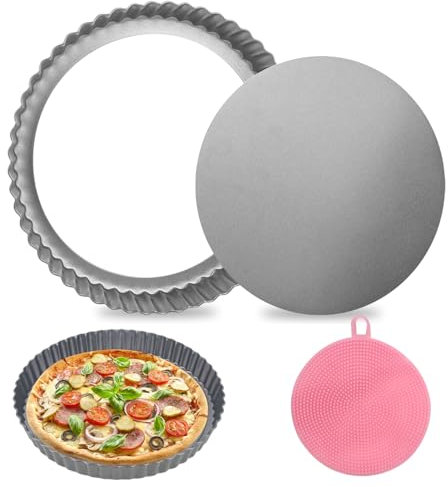 Moule à quiche - 22 cm - Avec fond amovible - Anti-adhésif - En acier au carbone - Bord ondulé - Avec brosse de nettoyage en silicone