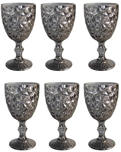 Calici da Vino in Vetro Grigio Lucido - Set di 6 con Motivo in Cristallo, Bicchieri da Long Drink, da Cocktail e da Acqua