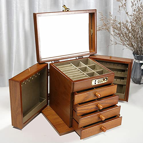 Jolre Holz-Schmuckkästchen, 5-Schubladen-Holz-Truhe, 2 klappbare Holz-Schmuckkästchen Großes Schmuckkästchen mit Zahlenschloss und Spiegel für Ringe, Halsketten, Geschenke.