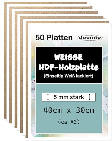 (50 Platten, A3, 5mm) Hochwertige HDF Hochverdichtete Faserplatten - Einseitig Weiß lackiert, besser als MDF Platten dicker, stabiler, günstiger 5mm; ideales Holz zum Basteln, bedrucken/Lasercut