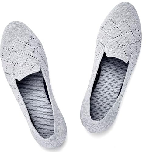 Puxowe Damen Ballerina Flache Schuhe Runde Zehe Strick Kleid Schuhe Niedriger Keil Slip On Ballerina Walking Flats für Frauen Bequem 39.5 EU Light Gray/Funkelnd