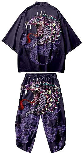 Doslavida - Set cardigan kimono giapponese da uomo, stile cinese, stampato, giacca e pantaloni, aperto sul davanti, a sette maniche, L