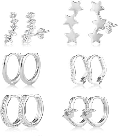 Silber 925 Ohrringe Set Damen, ASH'S CHOICE 6Paar Silber 925 Ohrstecker Kleine Creolen Knorpel Ohrringe, Multipack Glitz Silber Creolen Ohrringe mit Strass Zirkon Blatt Stern Ohrstecker Lange Damen