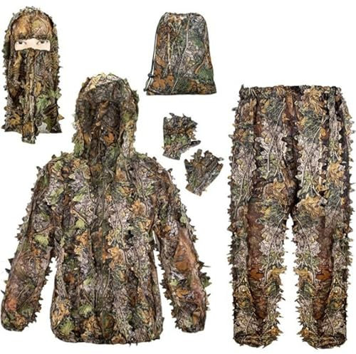 Outdoor Ghillie Suit Camouflage 5-Piece Set, Camouflage Hunting Suits 3D Leaf Gilly Suit, Mask, Gloves, Storage Bag Set, for Jungle Shooting Airsoft Woodland Photography(Size:S)