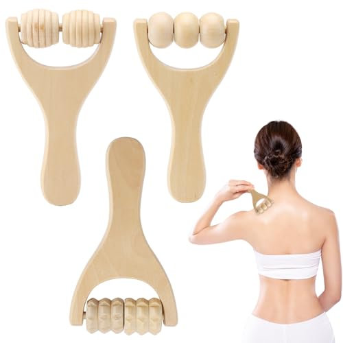 HENGBIRD 3 Stück Holz-Massageroller, Rückenmuskel-Roller, Manuelle Holztherapie Massagewerkzeuge, Massagegerät mit Griff Faszienrolle, zur Entspannung von Rücken, Bein, Händen, Ganzkörpermuskulatur