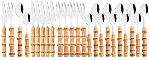 TIANHEY 24/30 Pezzi Set di Posate per Stoviglie con Manico in Legno Imitazione Stoviglie in Acciaio Inossidabile Coltello Forchetta Cucchiai Posate Resistenti E Durevoli, 24 Pezzi Vita Oro