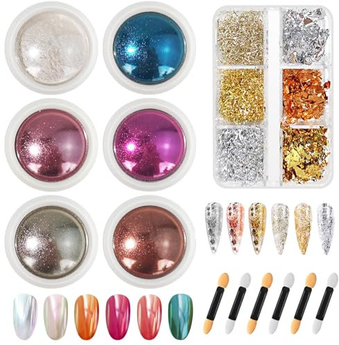 HavaCue 6 Colori Polvere Unghie Effetto Perla con Foil Unghie, Polvere Effetto Specchio per Unghie Glitter, Polvere Cromata per Unghie Set, Chrome Powder Nails per Nail Art Manicure Fai Da Te