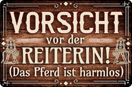 30 x 20 cm – Wetterfestes Pferdeschild, Pferde Deko Schild, Lustiger Spruch für Pferdebesitzer (Vorsicht vor der Reiterin – das Pferd ist harmlos!)