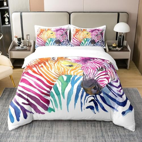 Loussiesd Zebra Bettwäsche Aquarell Horse Drucken Bettbezug Set für Kinder Jungen Mädchen Tier Theme Bettwäsche Set 135x200cm 100% Baumwolle 3D Zebra Bunte Streifen Bettwäsche 2Pcs