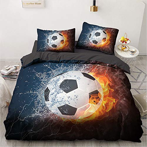 YASMENG Housse de Couette Football 200x200 Garçons Flamme Eau 3D Parure de Lit Football Doux Linge de Lit Football pour Adolescents Enfants Cadeaux avec Fermeture Éclair et Taies d'oreiller 65x65 cm