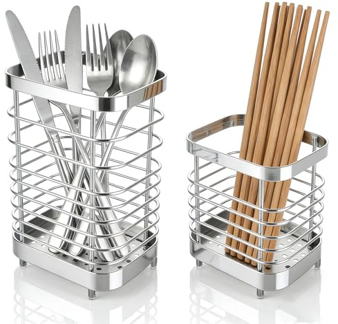 MUXHEL 2PCS Cutlery Drainer, Utensil Drainer Stainless Steel Cutlery Holder Drainer, Anti-Rust Utensil Holder Cutlery Holder for Knife Chopsticks Forks Spoons-Sliver