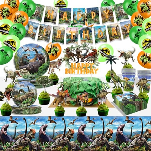 Dino geburtstag deko,Dinosaurier kindergeburtstag deko,83Pcs Dino Gebutstag party geschirr set,Partygeschirr Kinder geburtstagdeko,Dino party ballon、Banner、Tischdecke .