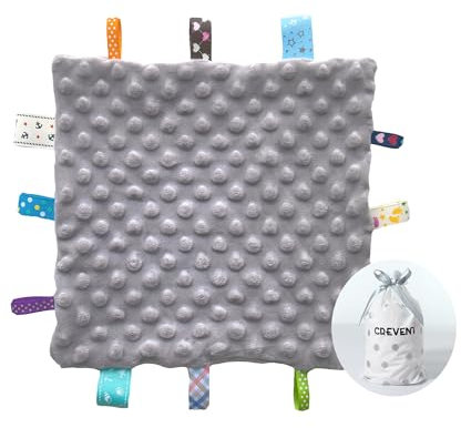 CREVENT Schmusetuch mit Aufhängern für Babys, weich, klein, für Jungen und Mädchen, sensorische Babydecke, tolles Geschenk zum Geburtstag, Babyparty, 25,4 x 25,4 cm, Grau