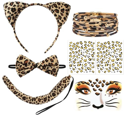 Auzlya 7 teilig Leoparden Kostüm Set,Leoparden Kostüm Damen, Leoparden Ohren,Stirnband Fliege Armband,Leopard Gesichts Kunst Aufkleber,Halloween Karneval Cosplay Kostüm
