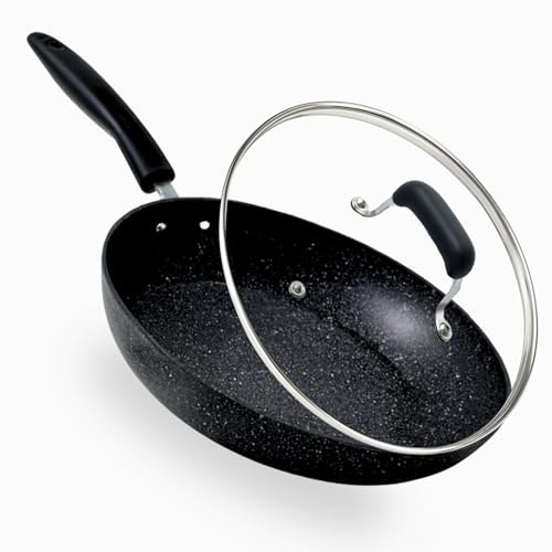 Non Stick Frying Pan with Lid 26cm | Easy to Clean & Healthy Cooking | Heat Resistant & Cool-Touch Handle | Durable Black Granite Marble Coated for All Hobs Induction, Gas & Electric (26cm Granite)