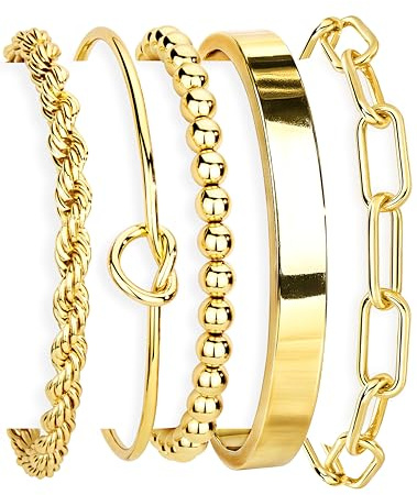 Gokeey Gold Cuff Bracelets for Women Trendy Waterproof, 14K Gold Plated Chunky Gold Bangles Beaded Bracelet for Women Fashion Accessories, Stackable Rope Forever Love Knot Infinity Paperclip Cuban Twist Bracelets Stack Set Bold Vintage Statement Jewelry