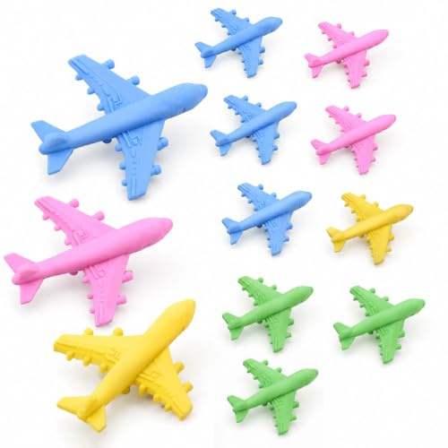 NUOBESTY 12Stück Flugzeug Radiergummi, Bunte Mitgebsel für Kindergeburtstag | Mini Flieger Radierer aus weichem Material. Perfekt für Schultüten, Gastgeschenke & Tombola. Mix Farben
