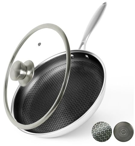 BIRFYDO Sartenes antiadherentes de 24 cm con tapa, sartenes de acero inoxidable antiadherentes, aptas para lavavajillas y horno, mango que se mantiene fresco, compatible con todas las placas de cocina