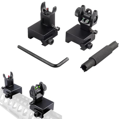 ProWildGear Flip-up Collapsible Front and Rear Fibre-Optic Iron Sights with Adjustment Tool for 21mm Picatinny Rails for Rifle Scope Tactical