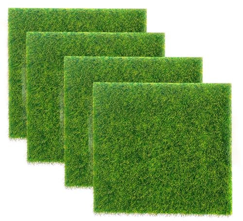 ShiningUU Fake Grass Mat 4Pcs 15x15cm Realistic Artificial Grass Mat Squares - Artificial Grass Plant for Miniature Garden, Dollhouse Decor & Craft Modelling (Life-Like Texture)
