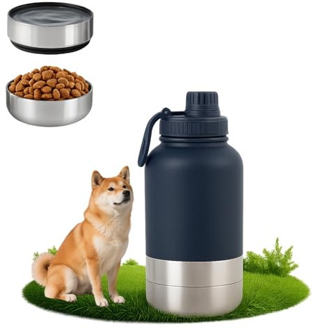 3-in-1 Hundetrinkflasche für unterwegs 1000ml Edelstahl – Hundewasserflasche to Go mit Napf & Futterfach, auslaufsichere Hunde Trinkflasche, Hundezubehör für Spaziergang, Reisen & Outdoor (32oz)
