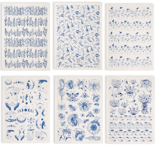 SUPERDANT 6 Stück Blumen Vogel Unterglasur Transferpapier Keramik Insekten Sonne Mond Mix Keramik Glasur Transferfolien Porzellan Dekor 52x37cm Blau DIY Dekotransfer