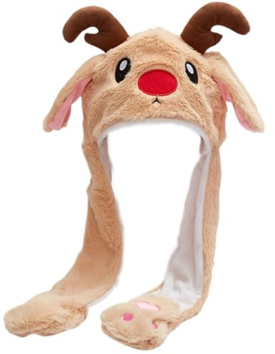 Bewegliche Ohrenmütze, flauschig, freie Größe, Weihnachtsmütze, niedlicher Cartoon, verrückt, thermisch, festlicher Winter mit beweglichen Ohren, Weihnachtsgeschenke für Kinder, Erwachsene, Rentier