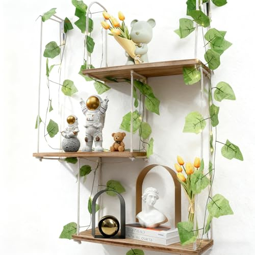3-Tier Hanging Shelves for Wall with Fake Plants Vine String Lights | Storage Shelf Wall Decor Boho Rope Shelf for Bedroom Living Room Balcony