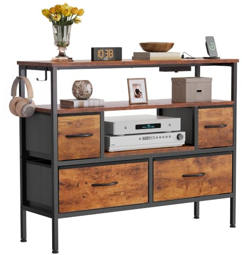 YITAHOME Fabric Drawers Cabinet with Power Outlets & LED Lights, Fabric Chest with 4 Drawers & 2 Hooks, Fits TVs up to 32 Inches, Chest of Drawers for Bedroom, Living Room, Home Office, Rustic Brown