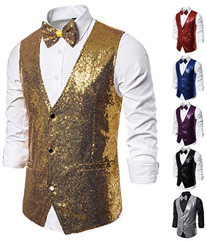 Glitzer Weste Herren 1 Weste + 1 Fliege Pailletten für Disco Party Hochzeit Club Sequins Tanzveranstaltungen Bankette Feiern Alltag Anzugweste Für Herren