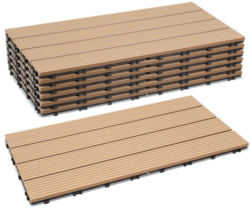 Peviasot WPC Fliesen, 30x60cm Terrassenfliesen Klickfliesen, Balkonfliesen in Holzoptik, Wetterfeste Platten mit Drainagefunktion, Terrasse Balkon Garten, Teak (36 Stück=6㎡)