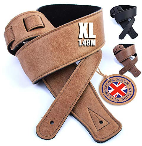 British Handmade Real Leather Guitar Strap: Finest Ultra Soft Italian Nappa Leather, 148cm long Foam Cushion Padded Guitar Belt - Suits Electric, Bass or Acoustic Instruments (inc Semi/Electro)