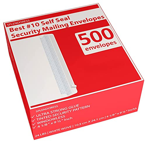#10 Envelopes Letter Size Self Seal | 500 Business Mailing Security Peel and Sealing Envelope | 100% Tinted | no 10 White Windowless Legal Regular Plain Envelops Pack | 4-1/8 x 9-1/2 Inches | 24 LB