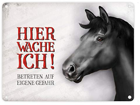Metallschild mit Schwarzes Pferd Motiv und Spruch: Betreten auf eigene Gefahr - Hier wache ich!