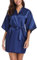 Vlazom Kimono Robe Damen Morgenmantel Kurzer Satin Bademantel Mit Gürtel V-Ausschnitt Kimono(L,Dunkelblau)