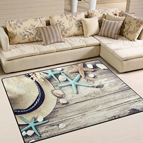 Use7 Summer Straw Hat Starfish Seashell Area Rug Rugs for Living Room Bedroom 203cm x 147.3cm(7 x 5 feet)