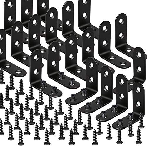FANDAMEI 20 Sets Black Corner Brackets - 40x40mm Stainless Steel Right Angle Braces L Shaped Metal Bracket 90 Degree Corner Braces with 80 Screws for Wooden Furniture Window Shelf Desk