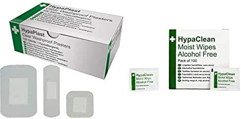 Safety First Aid Group HypaPlast Clear Washproof Assorted (Pack of 100) with Moist Wipes, Alcohol Free (Pack of 100) Bundle