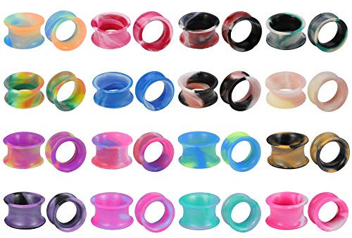ZS Lot de 16 paires de bouchons d'oreille tunnels en silicone souple et fin pour piercing double évasé, Silicone