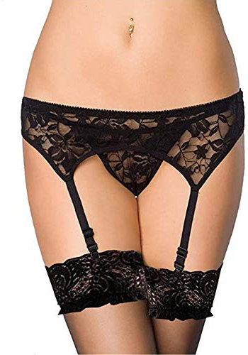VicSec Reggicalze con Calze Altezza Coscia, [3 Pezzi] da Donna Sexy Set Biancheria Intima Bretelle Regolabili per Giarrettiera in Pizzo con Collant Fine e Perizoma (Nero)