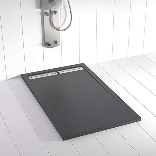 Shower Online Plato de ducha Resina FLOW - 80x100 - Textura Pizarra - Antideslizante - Todas las medidas disponibles - Incluye Rejilla Inox y Sifón - Antracita RAL 7011
