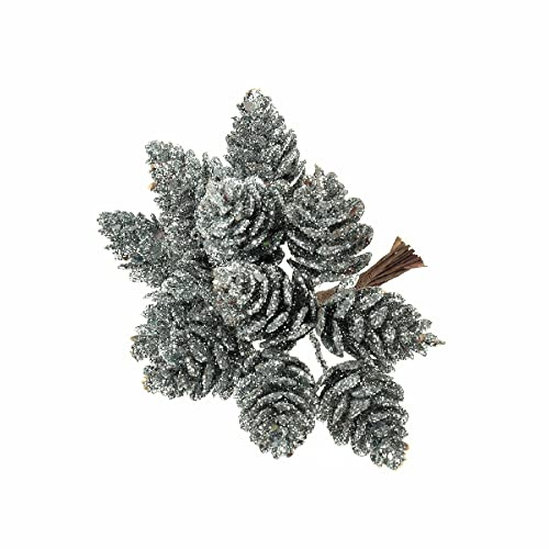 FloristryWarehouse Künstliche Tannenzapfen auf Draht, glitzernd, 72 Stück, Weihnachtsbaumschmuck, Dekoration, Draht mit glitzernder Silberbeschichtung, Weihnachten, Modern