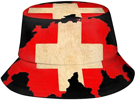 DJNGN Fischerhut mit Retro-Flagge der Schweiz, Sommer, Fischermütze, Reise-Sonnenhut für Männer und Frauen