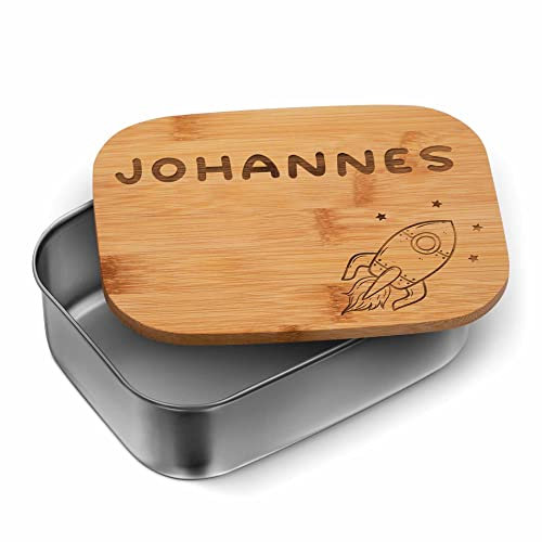 Frühstücksbox Kinder mit Name & Rakete - Schule Kindergarten Brotdose Jungen Mädchen - Nachhaltige Brotbox Edelstahl & Holz - Personalisierte Brotbüchse Kind Metall - Geschenke Einschulung Jungs