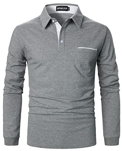 APAELEA Men's Long Sleeve Polo Shirt Casual Rugby Shirts with Plaid Down Collar,Grey,L