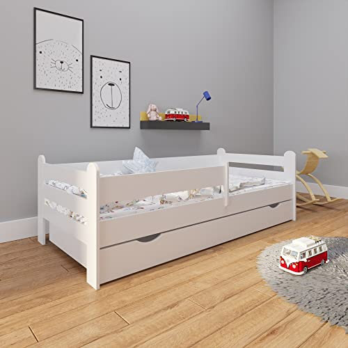 Kids Collective Kinderbett Jugendbett 80x160 | 90x200 cm mit Rausfallschutz | inkl. Lattenrost & Schublade in weiß | Mädchen Jungen Bett skandinavisch | von 3. bis 10. Lebensjahr