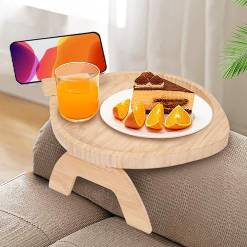 Sofa Armlehne Tablett Faltbarer mit 360° Drehbarer Handyhalterung Holz Bambus Sofa-Armlehne Tragbares Clip-On-Tablett für Fernsteuerung Telefon Getränke Snacks