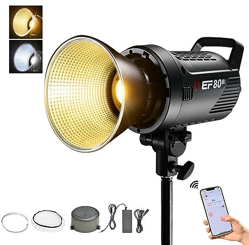 JINBEI EF-80BI 80W Bi-Color COB LED-Videolicht, 2700K-6500K Bi-Color Bowens Mount Continuous Output Lighting, CRI 97 + TLCI 98+, 9 Lichteffekte, Bluetooth APP Control