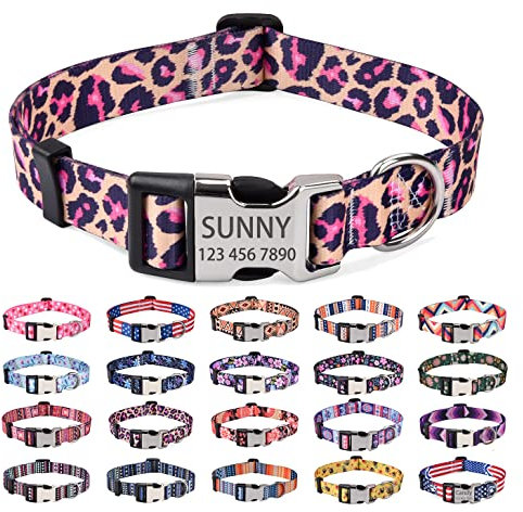 Mihqy Personalisiertes Hundehalsband mit Eingraviertem Namen und Telefonnummer - Weich & Komfort Hunde Halsband Hundehalsbänder für Kleine Mittlere Große Hunde(Rosa Leopard,M)