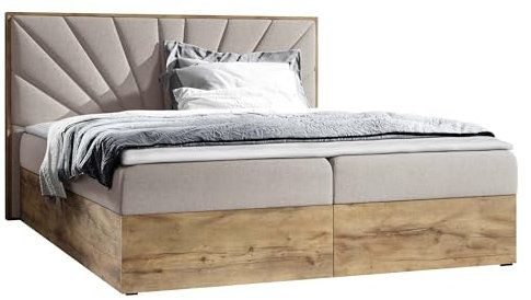 Mirjan24 Boxspringbett Worik VII, Polsterbett mit 2 Bettkästen + Springaufbeschlag, Bett mit Polsterkopfteil, Doppelbett mit Topper und Matratze, Bettgestell (Eiche Lancelot + Faro 20, 160 x 200 cm)